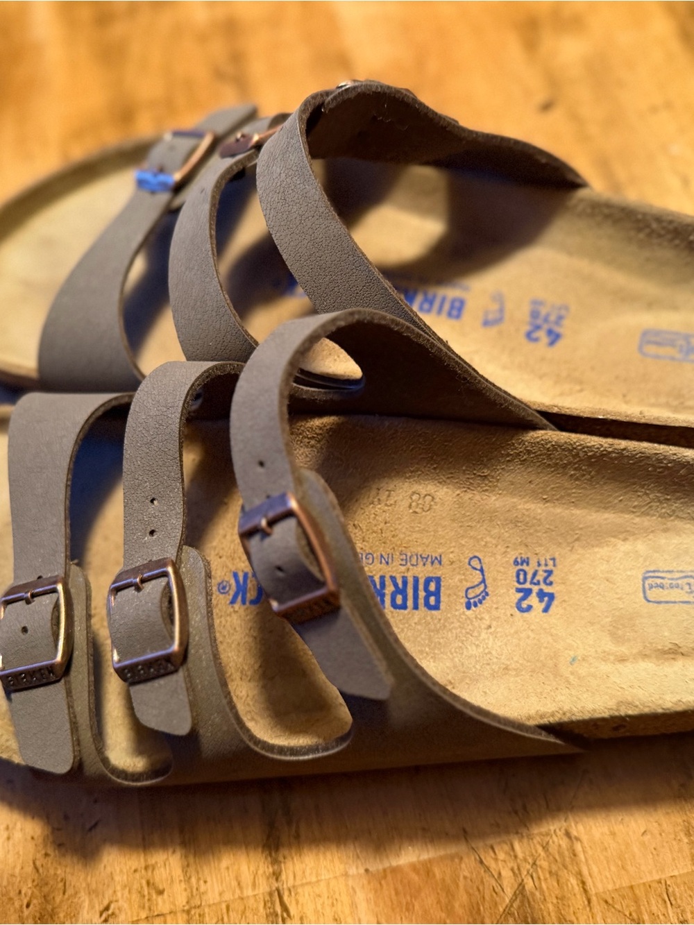 Birkenstock Three-Strap Sandals in Brown with Bronze Buckles